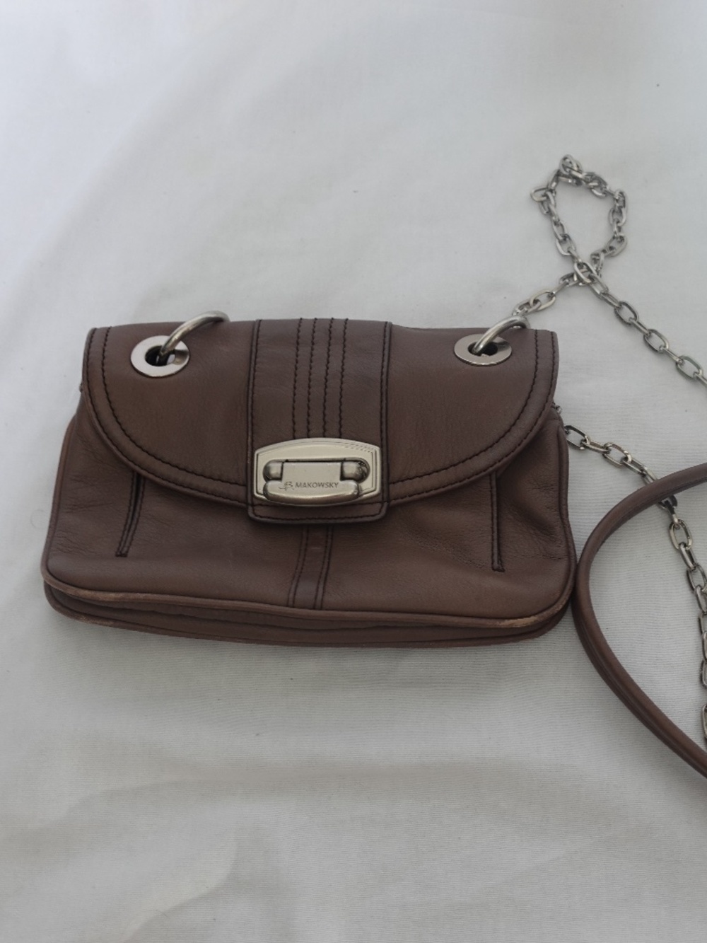 B. Makowski Genuine Leather Neutral Color Crossbody Bag - silver Chain